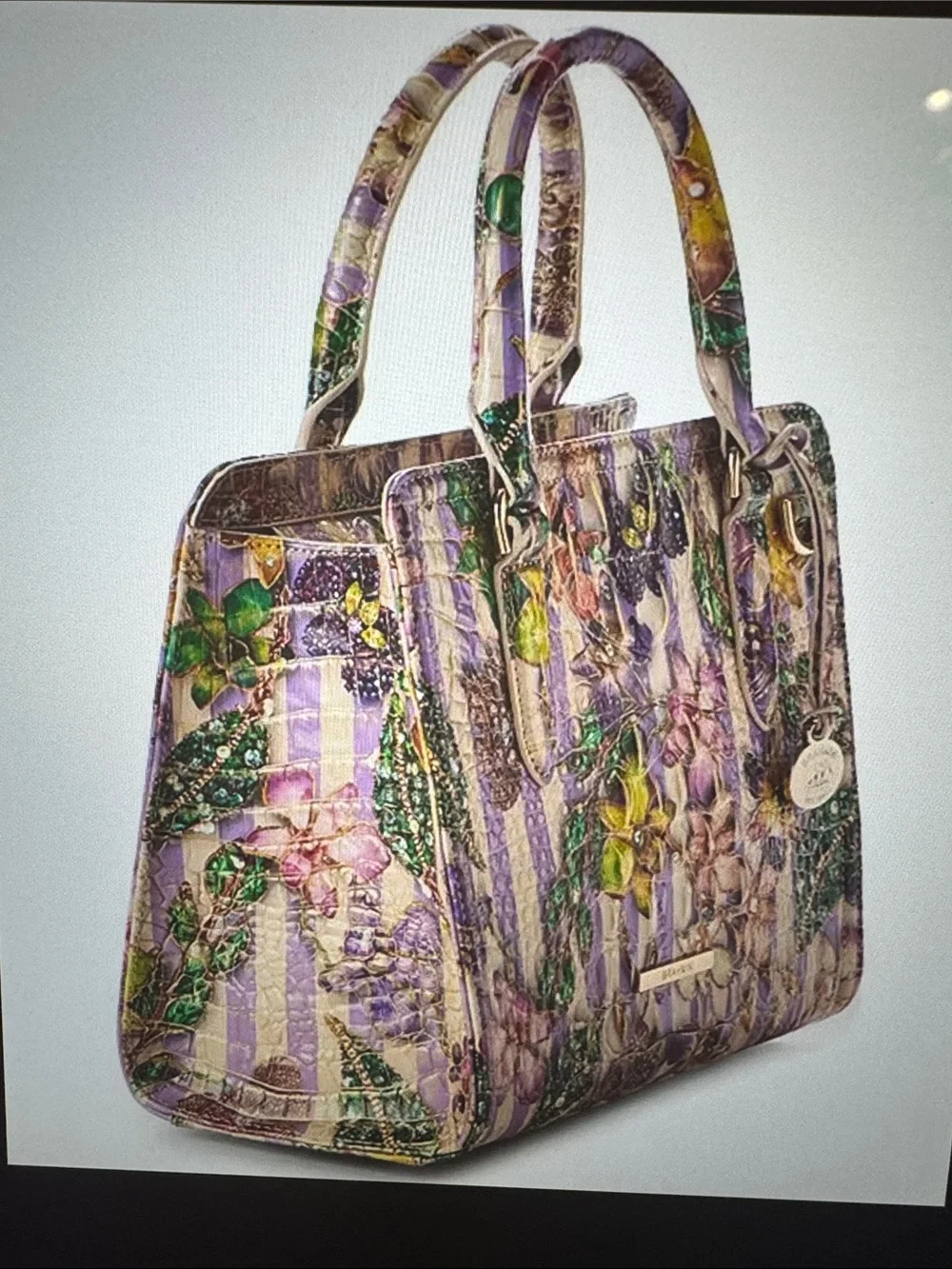 BRAHMIN Pinstripe Petals Melbourne Collection Cami Satchel Bag